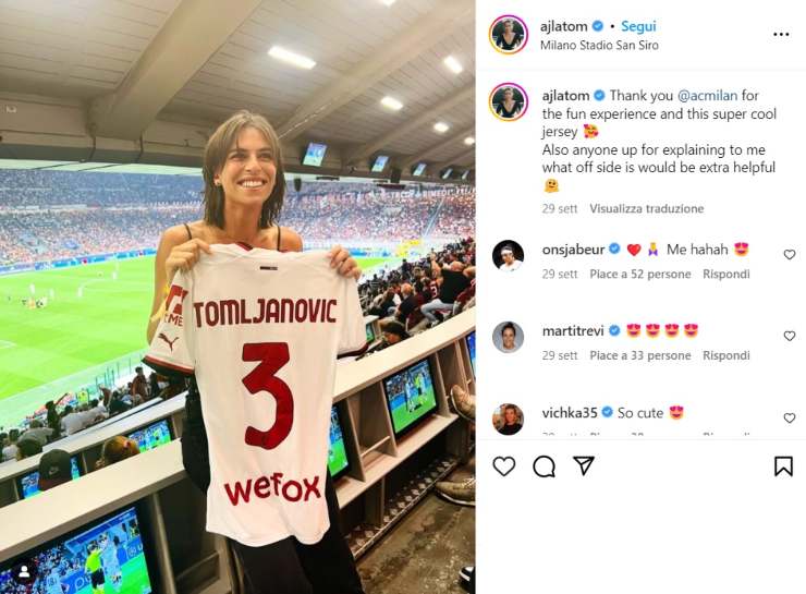 Ajla Tomljanovic, la foto su Instagram con la maglia del Milan